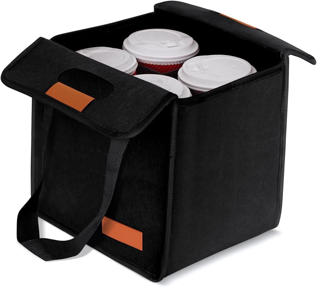 Lifeplus Reusable Drink Carrier with Handle, Cup Carrier for Drinks with Elastic Mesh Pockets & Dividers for Delivery, Takeout & Travel,6 Cups Black