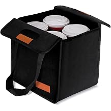 Lifeplus Reusable Drink Carrier with Handle, Cup Carrier for Drinks with Elastic Mesh Pockets & Dividers for Delivery, Takeout & Travel, 4 Cups Black