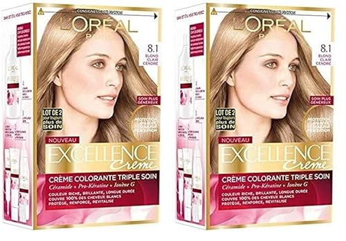 L’ORÉAL PARIS - Coloration Cheveux Permanente Triple Soin - Couvre 100% des Cheveux Blancs - Excellence Crème - Nuance : Blond Clair Cendré (8.10) (Lot de 2)