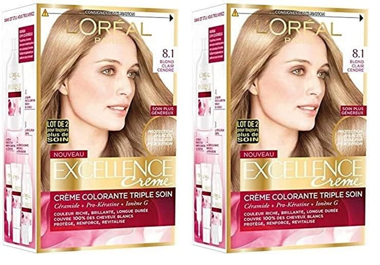 L’ORÉAL PARIS - Coloration Cheveux Permanente Triple Soin - Couvre 100% des Cheveux Blancs - Excellence Crème - Nuance : Blond Clair Cendré (8.10) (Lot de...