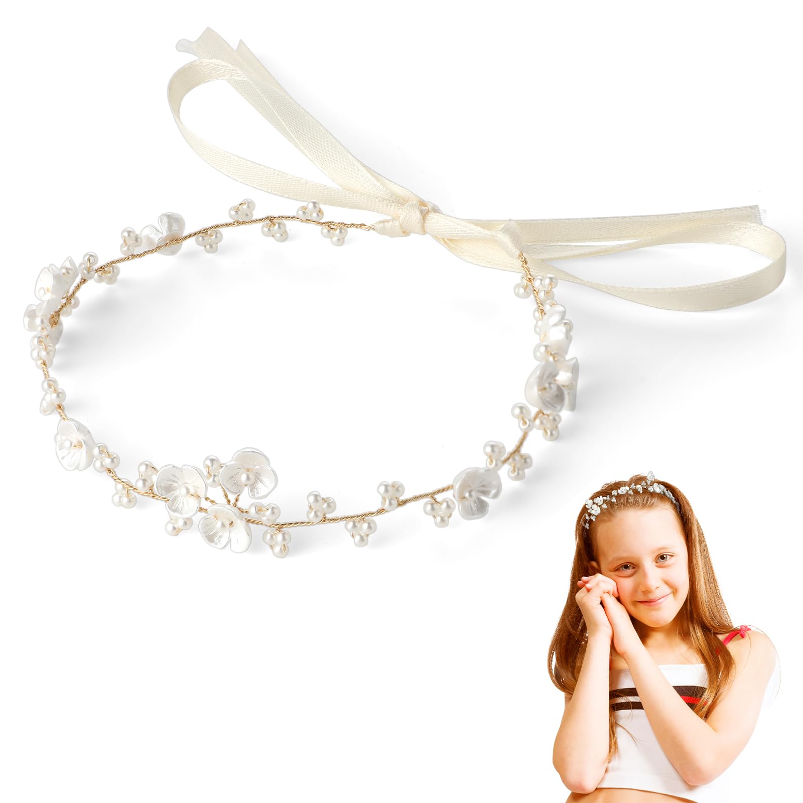 Haarschmuck Kommunion Mädchen,Prinzessin Blumenkranz Haare,Weiß Perle Haarreifen Kopfbedeckung,Blumen Haarkranz mit Band,Geeignet für Braut Damen,Fotografie Hochzeit Zubehör