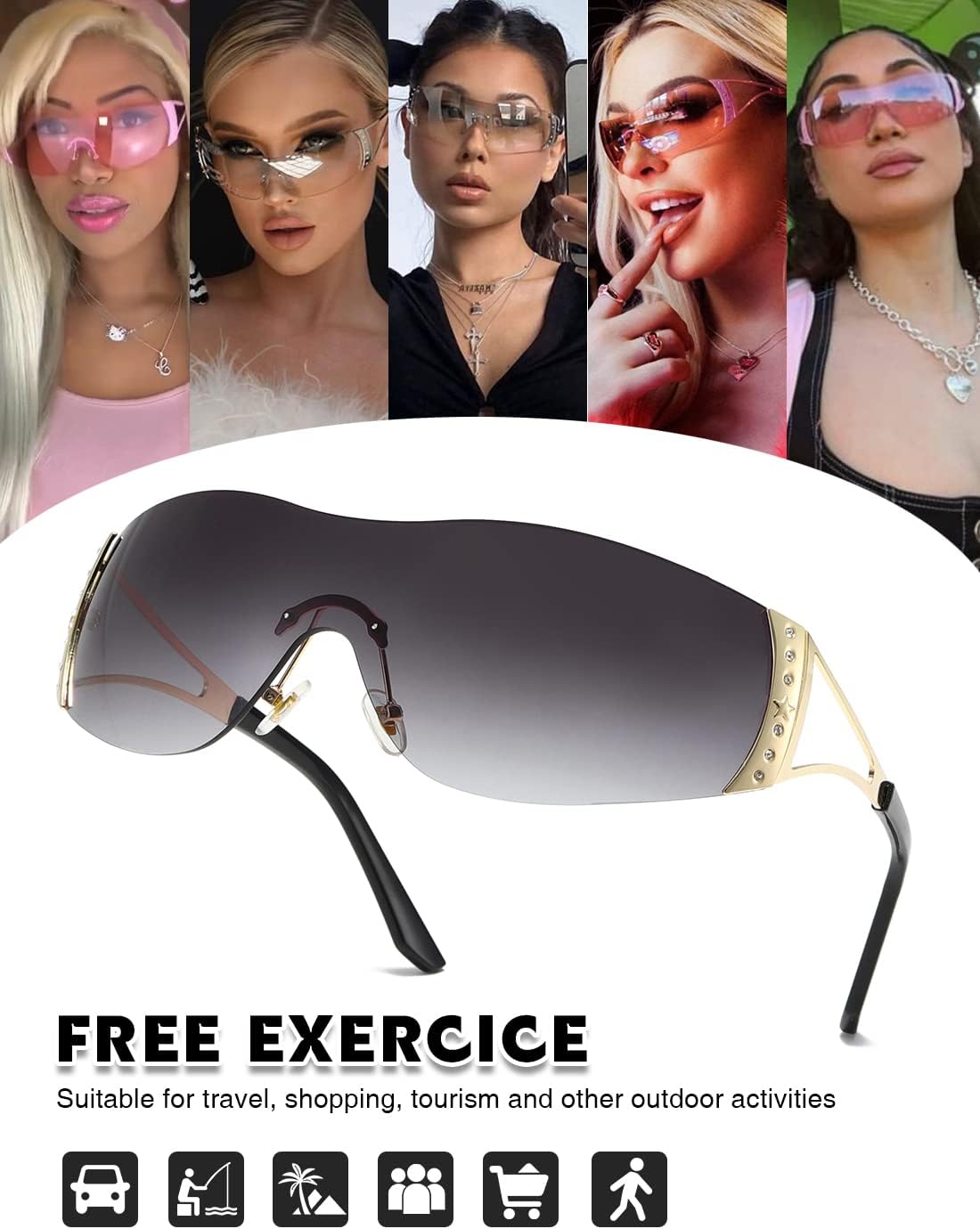 Y2K Sunglasses For Women Men Fashion Shield Rimless Wrap Around Sunglass Gradient Lens Trendy Oversize Sun Glasses