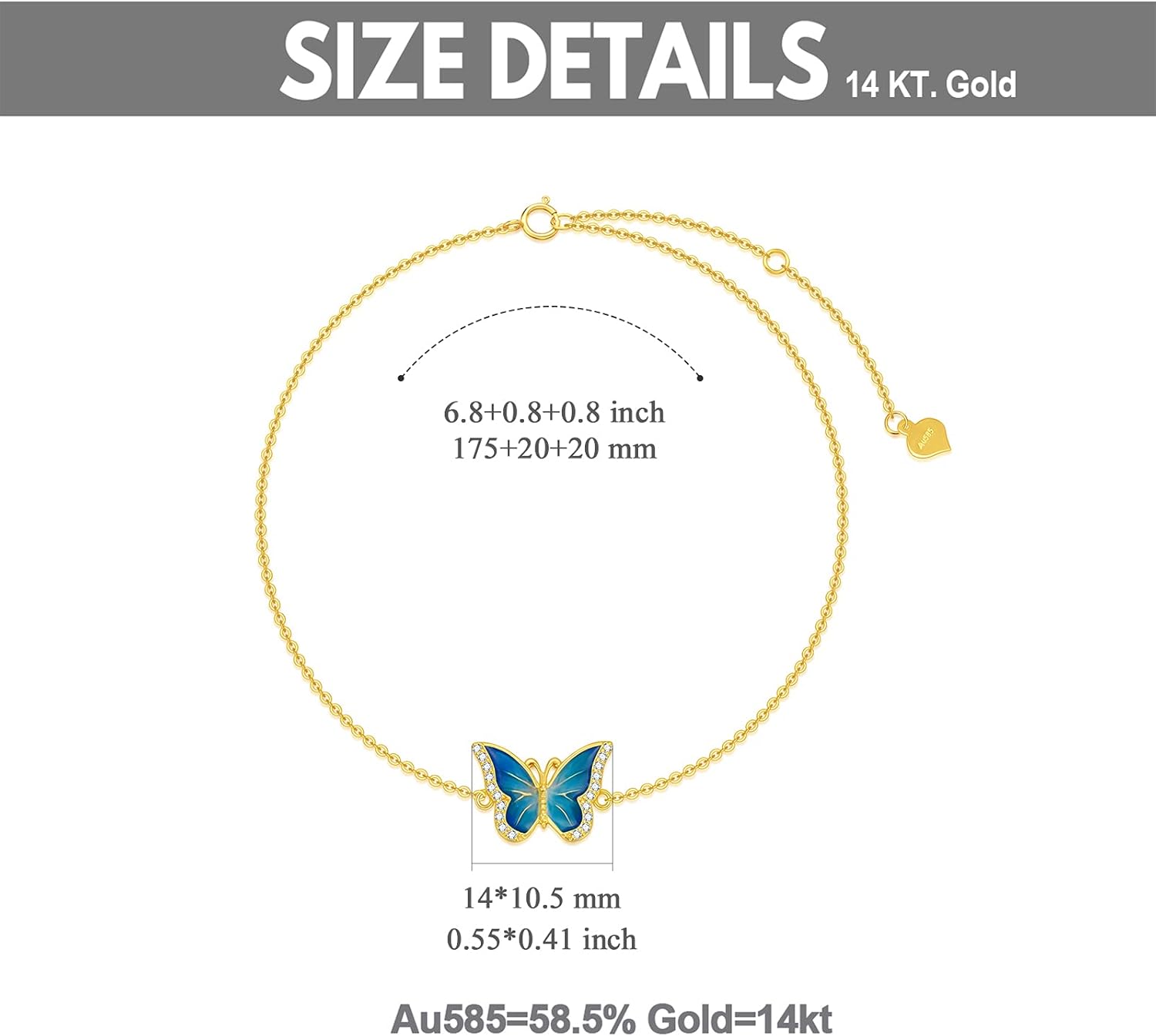 SISGEM Real 14k Gold Blue Butterfly Bracelet for Women, Solid 14 Karat Gold Animal Lover Wrist Jewelry Gifts for Her, 6.8-8.4 - Image 5