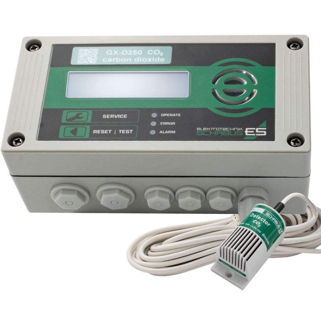Schabus 300253 GX-D250 CO₂ Warngerät mit Externem NDIR-Sensor, 2 Relaisausgänge, Akustische & Optische Warnung, Klartext-Display für Schulen/Büros/Innenräume für EIN Gesundes Raumklima