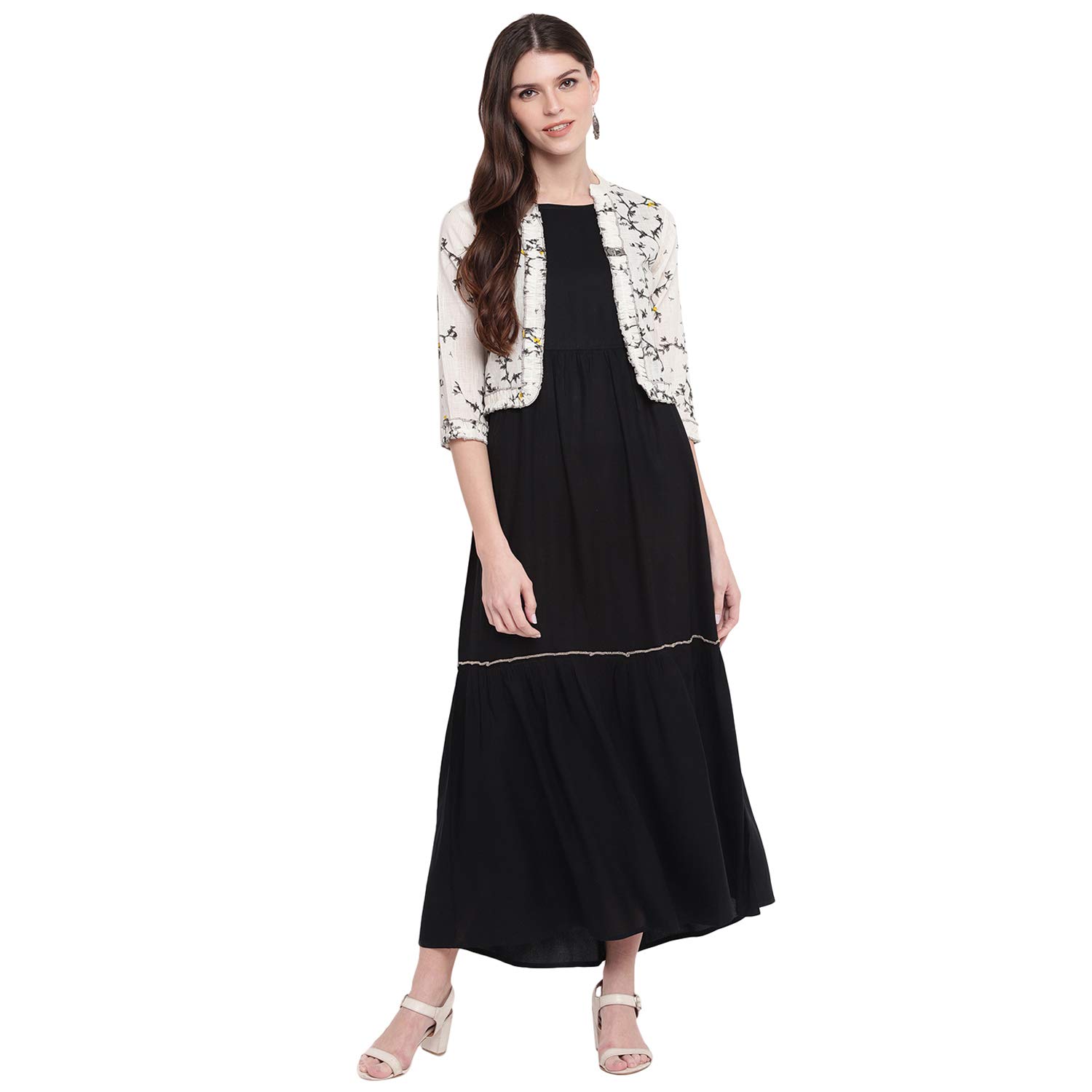 StylumWomen's Solid Rayon Tiered Kurta with Printed Jacket (Black,White)