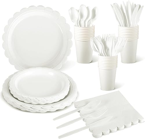 175 platos blancos y servilletas para fiestas, 25 platos de papel festoneados blancos para invitados, platos de papel desechables, tazas,