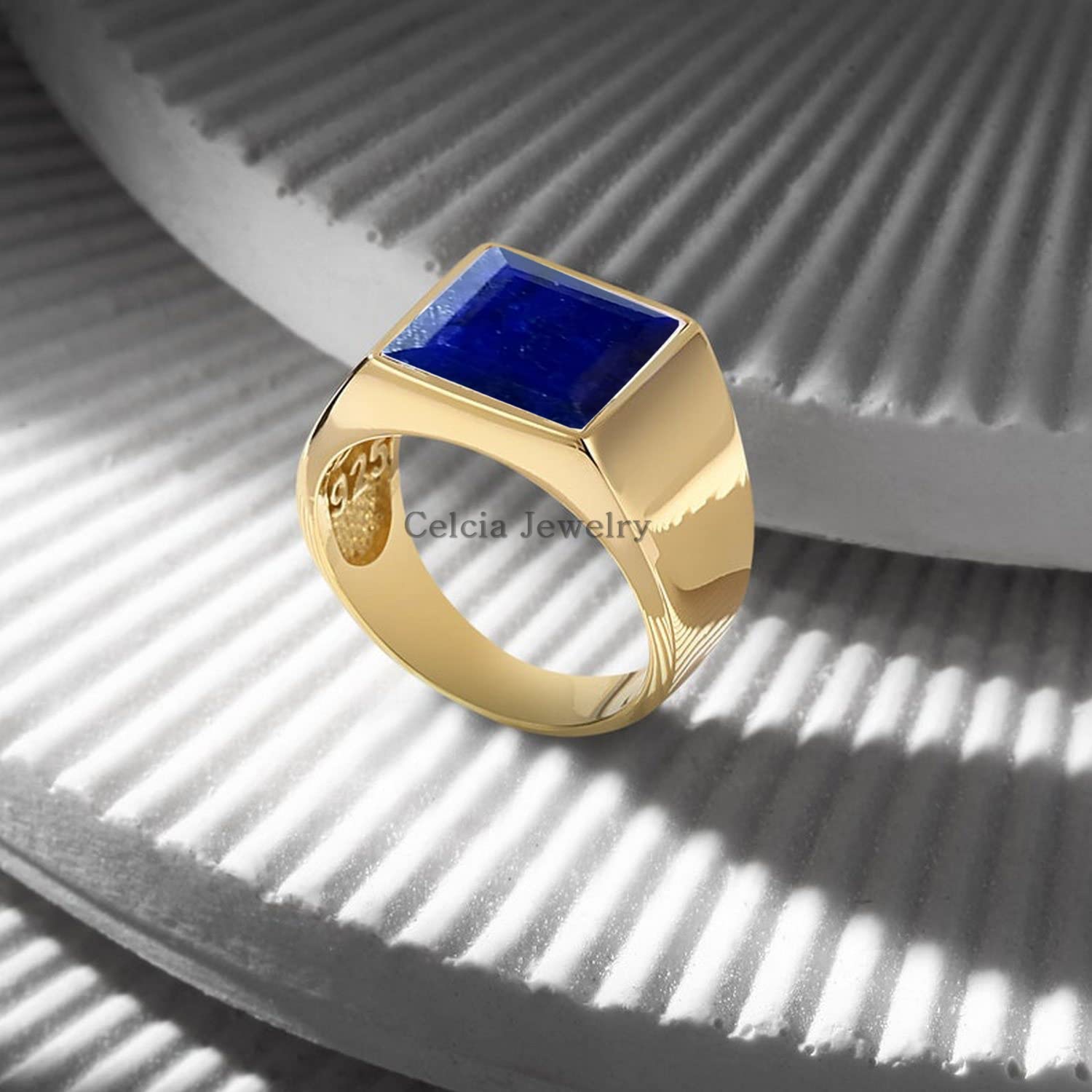 18K Yellow Gold Plated Solid 925 Sterling Silver Ring for Men, Natural Blue Sapphire 12MM Gemstone Signet Ring, Unique Handcrafted September Birthstone Ring