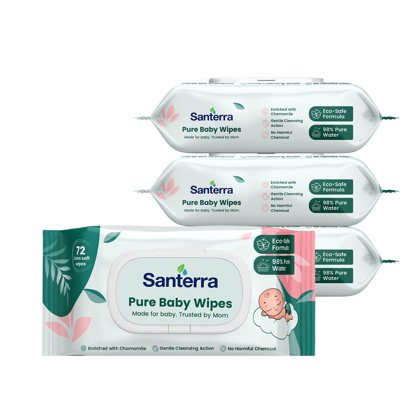Pure & Soft Baby Wipes Specially For Delicate Baby Skincare | Enriched with Chamomile Goodness of Aloe Vera & Vitamin-E keep Skin Soft, Fresh & Nourished | 188 Wipes, Pack-4, 72 Wipes Each-image-46