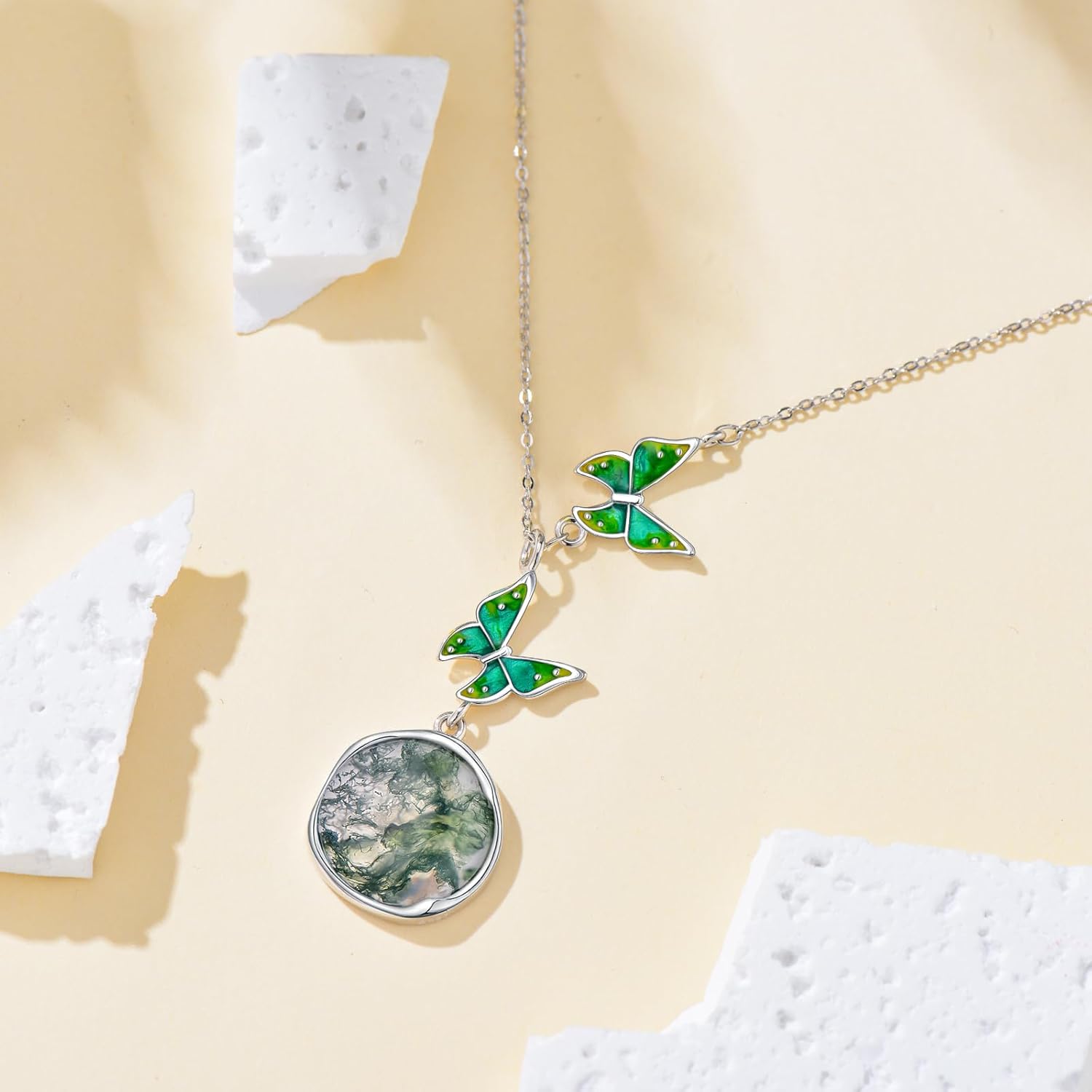 Butterfly Necklace Natural Moss Agate Necklace for Women Sterling Silver Butterfly Moss Agate Pendant Round Anniversary Birthday Mother's Day for Wife Mom - Image 6