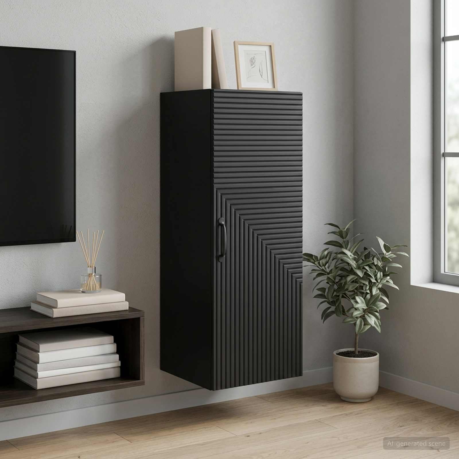Armario de pared negro de madera de 33 cm para almacenaje de pasillo