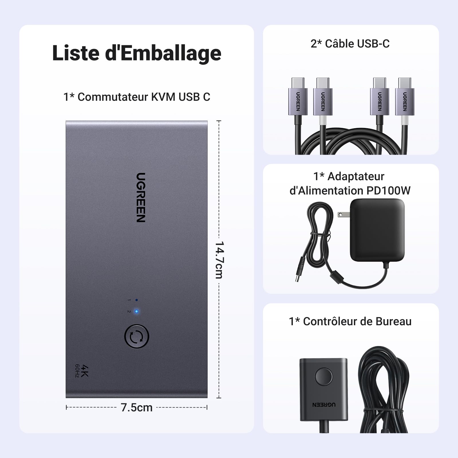 UGREEN KVM Switch HDMI2.0 Commutateur KVM DP 4K 60Hz 2 Entrées 2 Sories | 3 Ports USB A USB C 3.0 5Gbps PD 100W pour MacBook Pro Mac Mini M4 Clavier Souris Disque Dur avec Contrôleur de Bureau