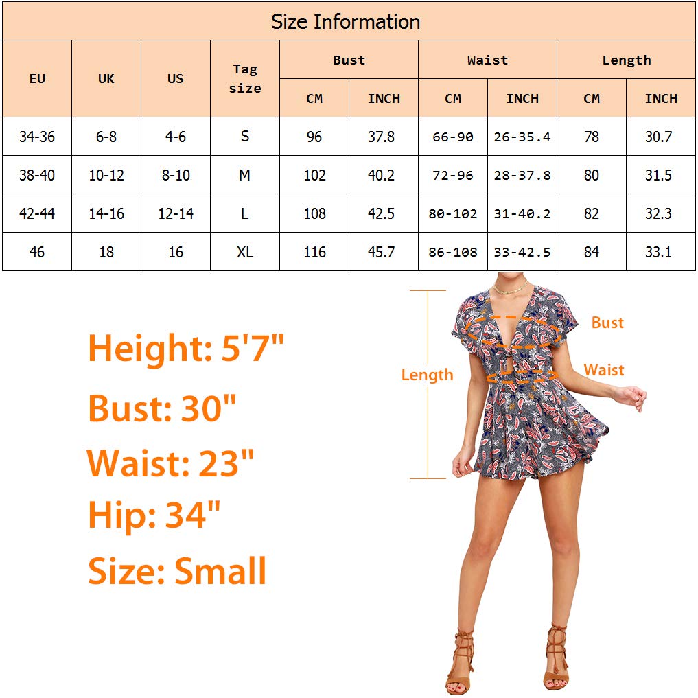 AGQT Combishort Femme Sexy Combinaisons Short D'été Col V élégant Romper Jumpsuit | Mini combinaison décontractée à manches courtes - Style bohème - Pour plage, concert, rendez-vous, fête, vacances, week-end
