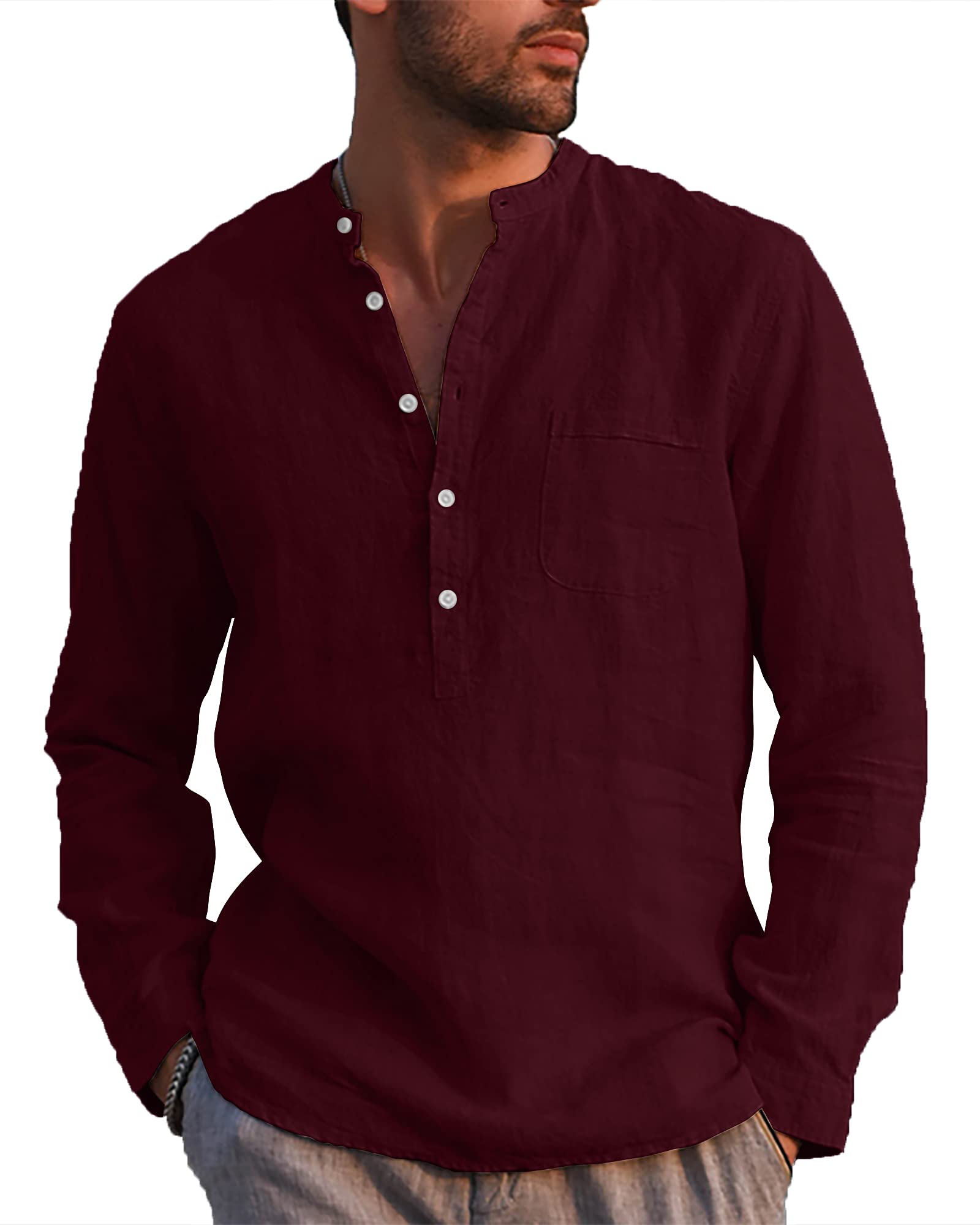 LVCBL Hemd Herren Langarm Henley Sommerhemd Herren Freizeithemd Leinenhemd Regular Fit Men Shirts