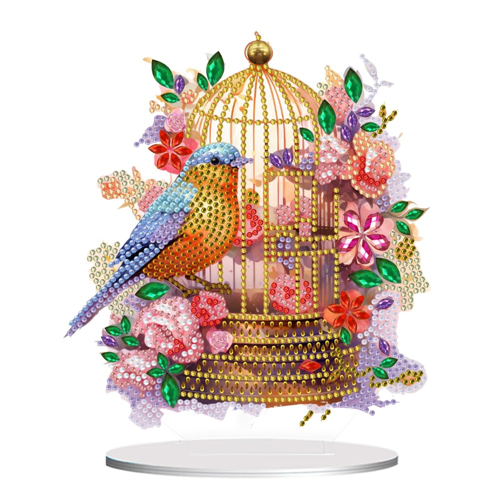 Fiorky Round+Special Shape Diamond Painting Tabletop Ornaments Kit Acrylic Diamond Painting Desktop Ornaments Kit Flowers Bird Cage 5D DIY Diamond Art Tabletop Decorations for Office Decor