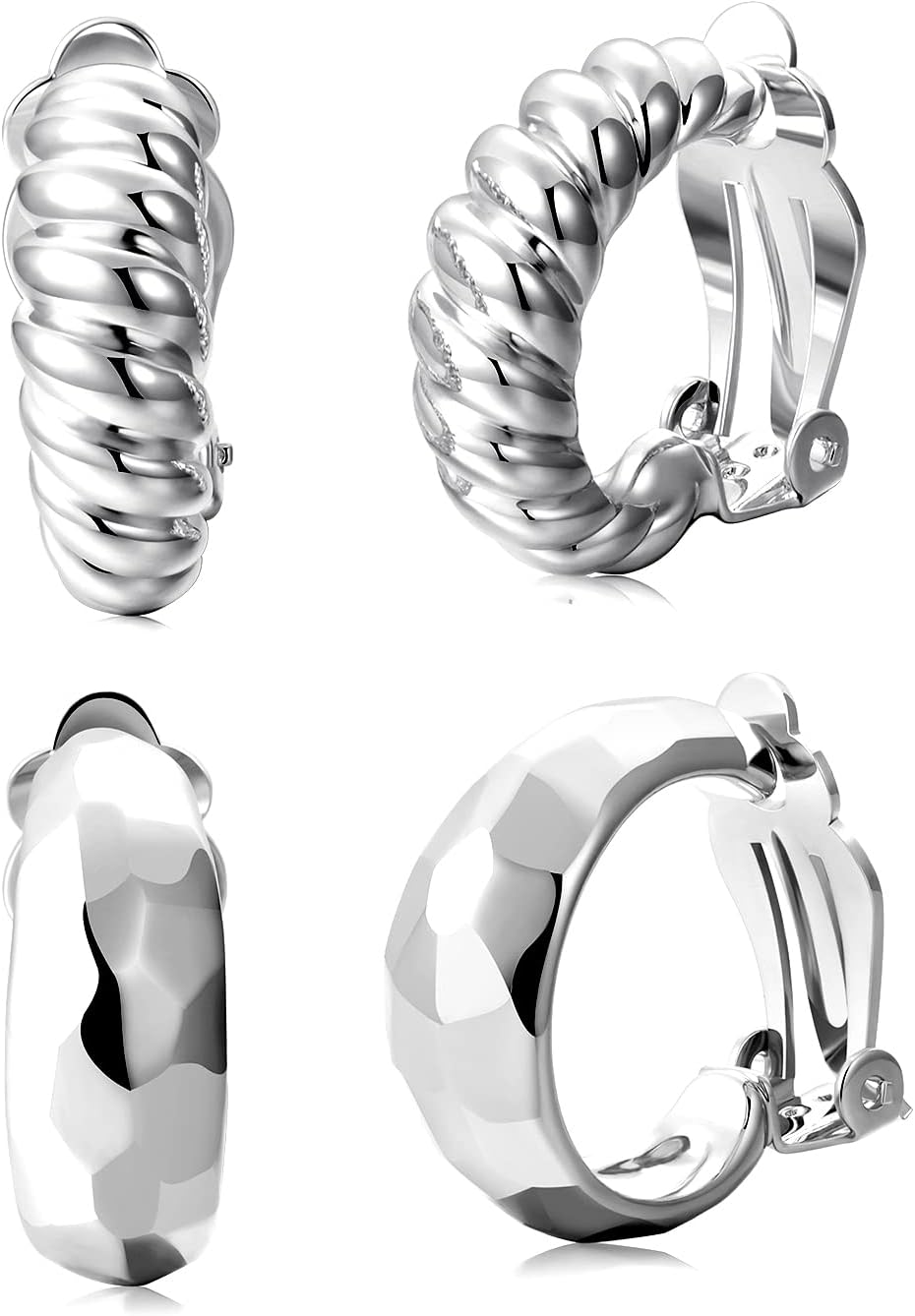 AllenCOCO 2 Pairs Hoop Earrings Clip On Earrings for Women Girls Hoop Earrings No Drilling White Gold No Gemstone White Gold No Gem, White Gold, No Gemstone