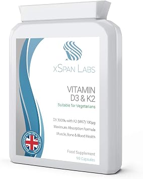 xSpan Labs Vitamin D3 3,000 IU & K2 100 g MK7 - Vegetarian Capsules | Vitamin D3 3,000 IU & K2 100 g MK7 - Vegetarian Capsules - High Strength D3 & K2 Supplement for Bones, Muscle & Immune.