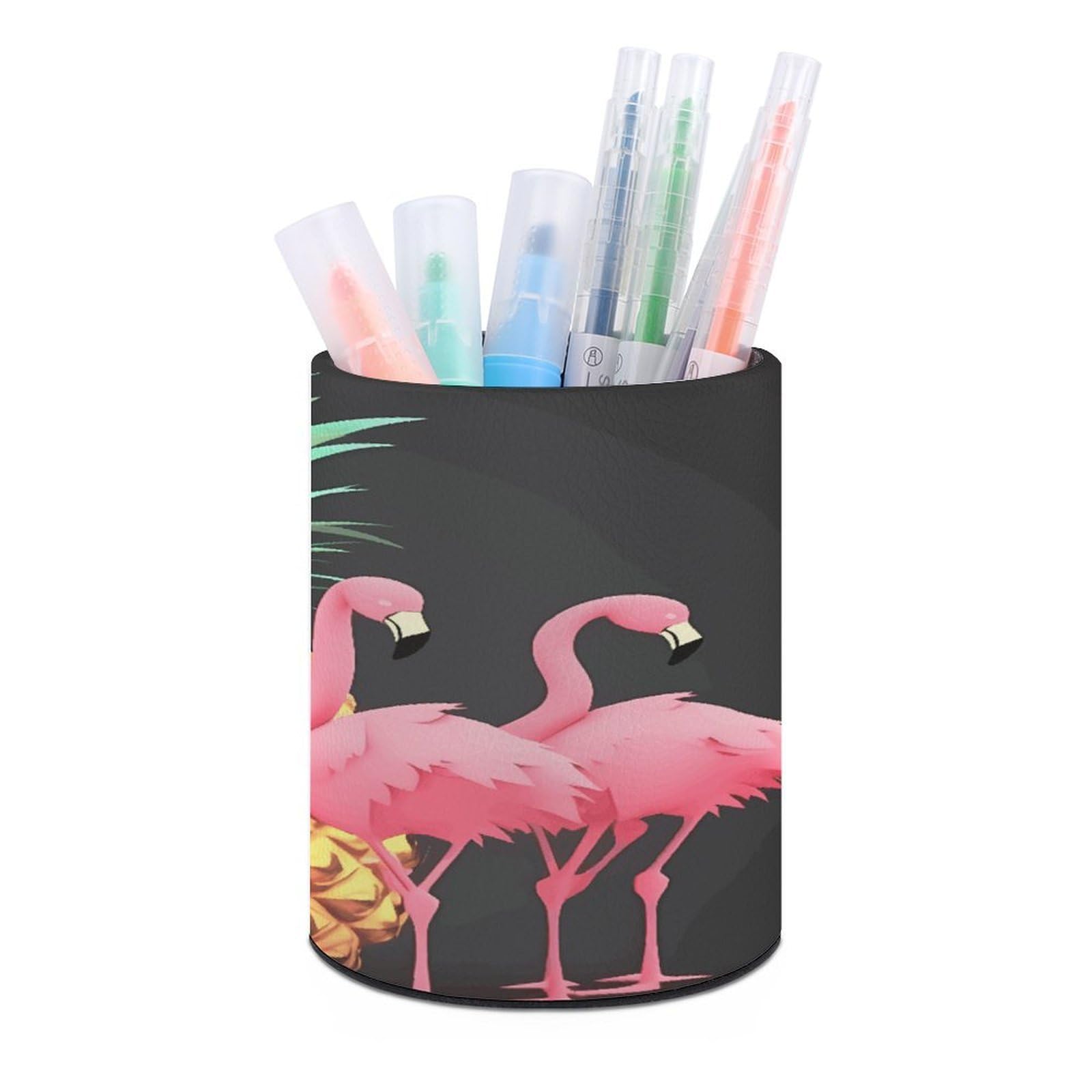 FekiLoot Pineapple Flamingos Pen Holder Cup Fashion PU Leather Pencil Cup Minimalist Pen Organizer Round Pencil Holder Stand Work Locker Accessories for Decoration Desk Office Home