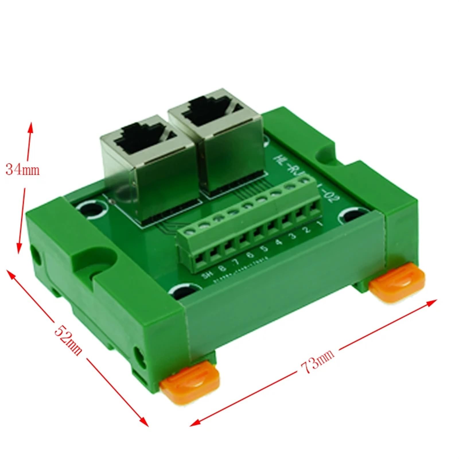 1 x pionowa płyta rozdzielcza RJ45 z 2 gniazdami RJ45 i 2 zaciskami 8-pinowymi z podstawką montażową na szynie DIN i listwą montażową na panelu