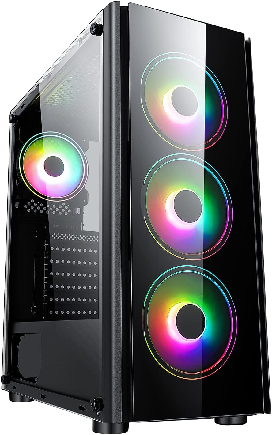 CiT Tornado ARGB PC Gaming Case, ATX, 4 x 120mm ARGB Fans Included, 3 Pin AURA Sync, LED Button, 6 Fan Support, Water-Cooling Ready | Black