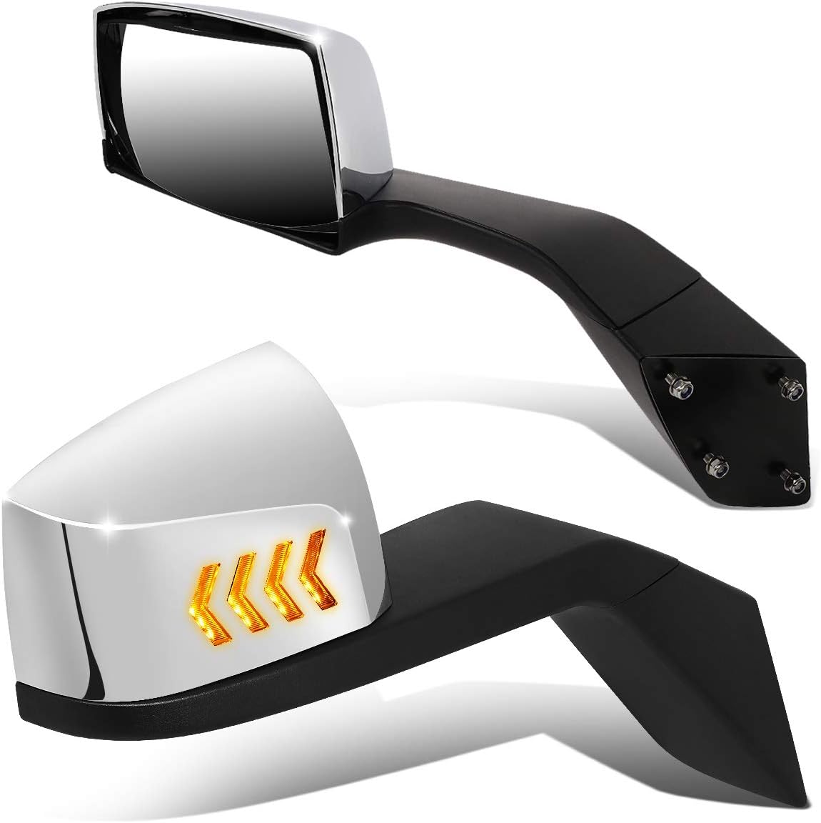 Auto Dynasty Arrow-Pattern LED Sequential Turn Signal Manual Adjust Rear View Side Hood Mirrors Compatible with Volvo VN Series 2004-2018, Driver and Passenger Side, Polished Chrome