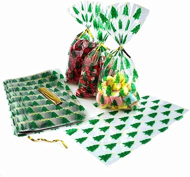 FAZHBARY 100 PCS Christmas Trees Cellophane Bags Holiday Cellophane Treat Bags Candy Gift Bags 5x11 with Golden Twist Ties
