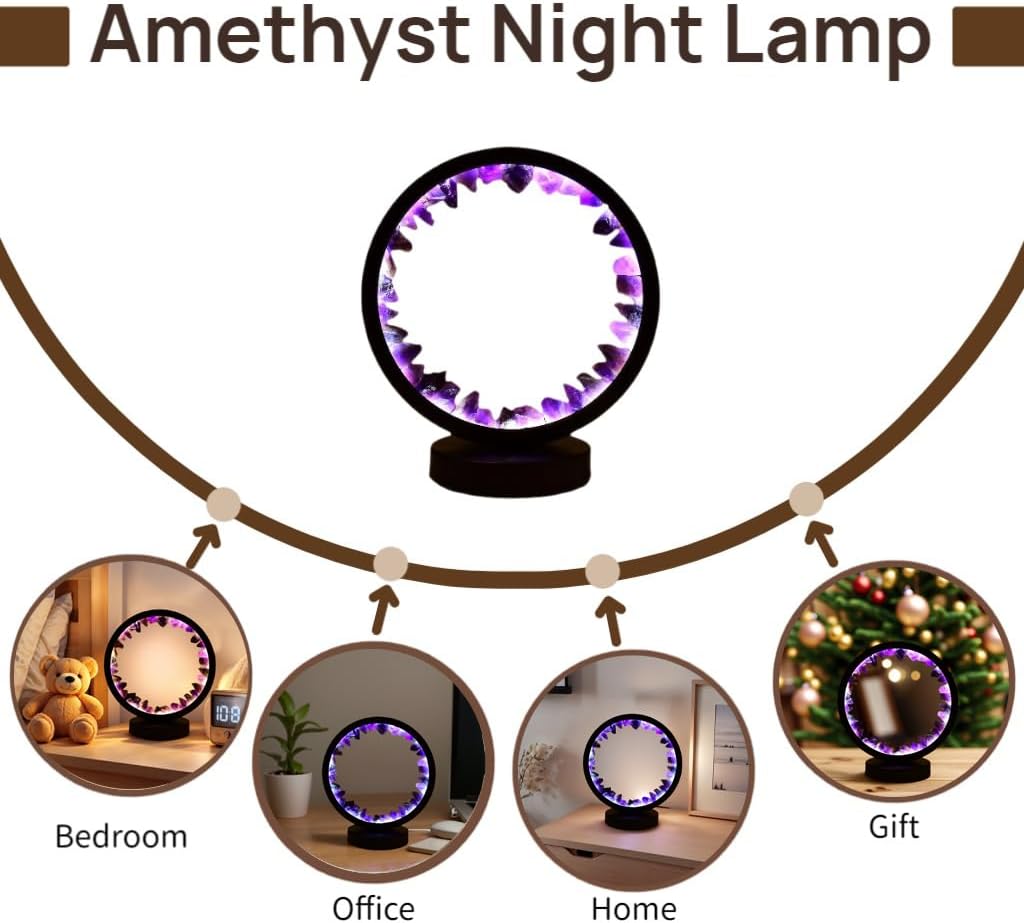 Natural Raw Amethyst Crystal Night Light - 7.9" USB Powered Bedside Lamp w/ 3 Color Dimmable Modes, Perfect Night Light for Bedroom & Home Decor, Gift for Her