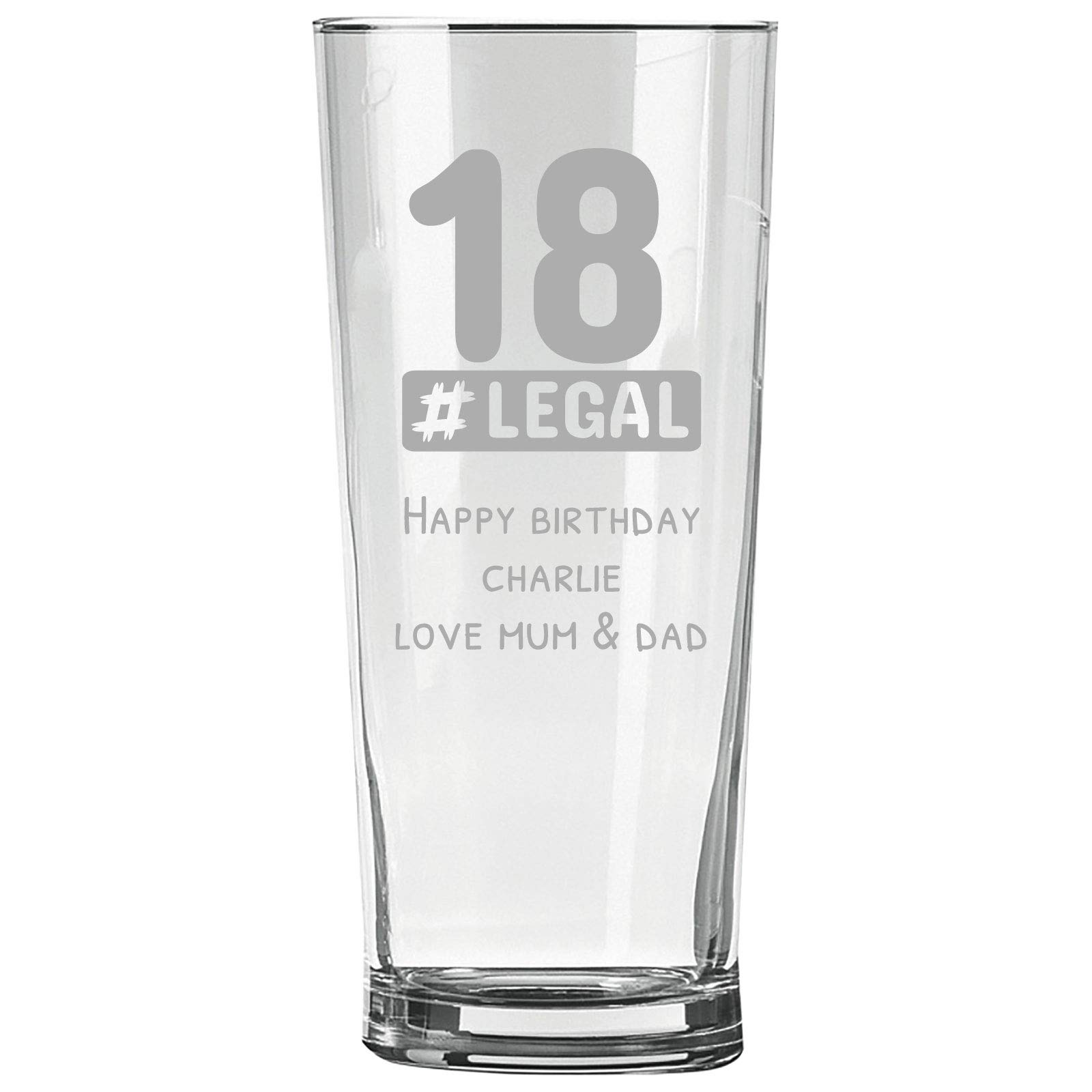 Personalised Engraved Pint Glass - 18th Birthday Gift, 18 Legal Pint Glass with Personalised Name and Message Design