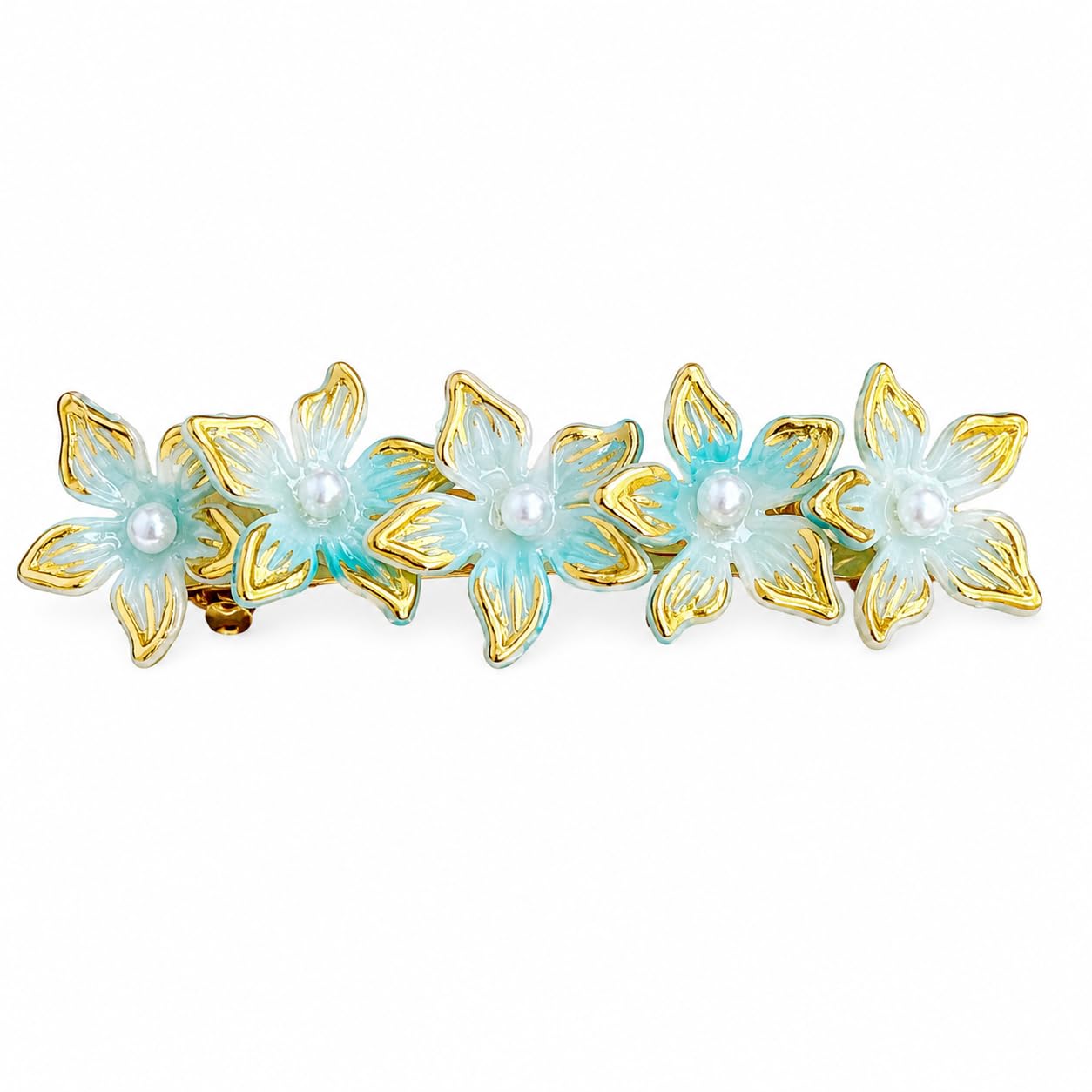 Floral center clip (Aqua Blue) | Flower Design, Gold-Tone Metal Base, Half-Up Hairstyle, Iridescent Petals, Women's Hair Accessory-image-28
