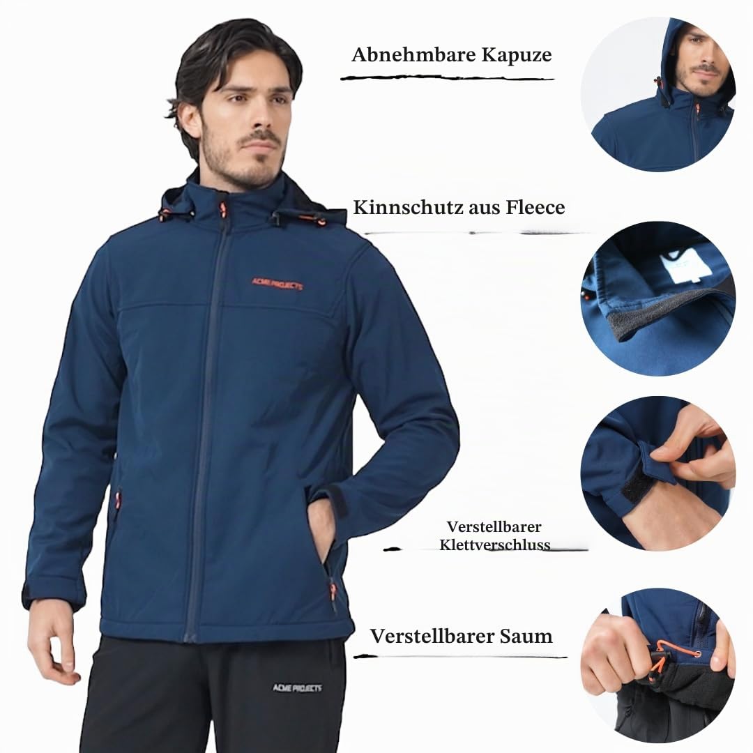 Acme Projects Fleece-Gefütterte Softshell-Jacke Herren Abnehmbare Kapuze Wasserdicht Winddicht Atmungsaktiv 8000mm/5000g YKK-Reißverschluss Wandern Radfahren Camping