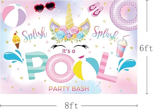 Miniatura 3 de MEHOFOND Telón de fondo de fiesta de unicornio de 8 x 6 pies para fiesta en la piscina de verano, rosa, floral, salpicaduras, fotografía, telón de