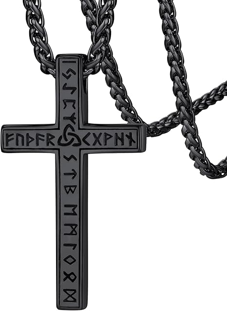 FaithHeart Viking Necklace for Men, Norse Runes Circle/Bar/Cross Pendant Talisman Amulet Jewelry Stainless Steel Chain Leather Necklaces, With Gift Packaging