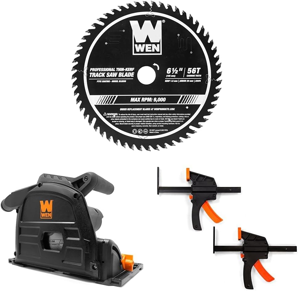 WEN BL6556 6.5-Inch 56-Tooth Carbide-Tipped Thin-Kerf & CT1065 10-Amp 6.5-Inch Plunge Cut Sidewinder Circular Track Saw,Black & 36053C 6" Quick Release Track Saw Clamps