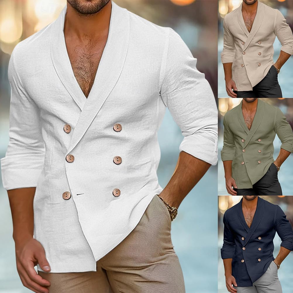 Giacche Leggero da Uomo Blazer Casual Giacche in Cotone Slim Fit Casual Giacca Leggera a Bottoni Primavera Autunno Cappotto Elegante Scollo a V Tinta Unita Doppiopetto Blazer