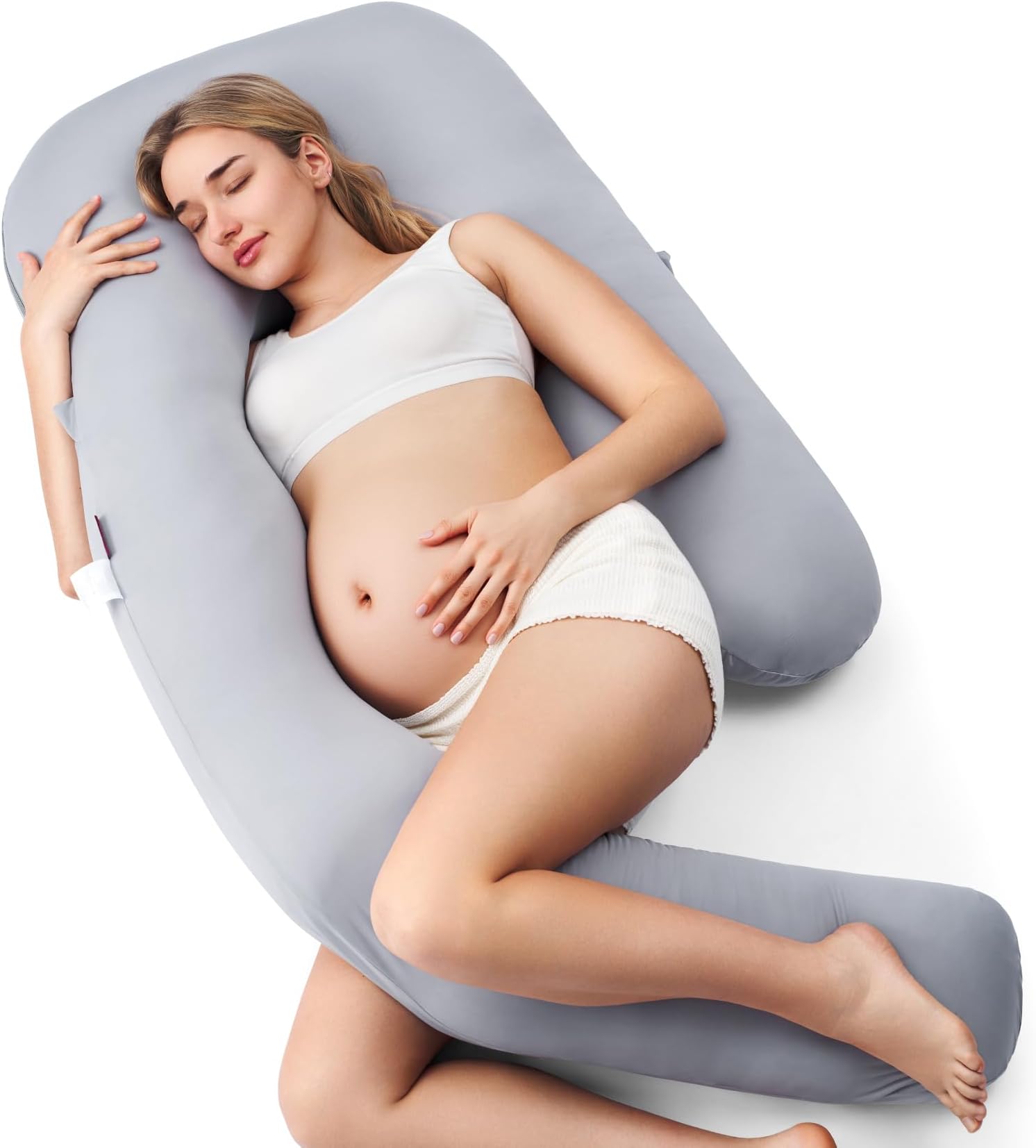 Momcozy Pregnancy Pillow with Cooling Cover, Dreamlign U Pro Maternity Pillow with Adjustable Leg Pillow - Support for Back, HIPS, Belly, Legs for Pregnant Women, 50-72 Inch Full Body Pillow, Grey