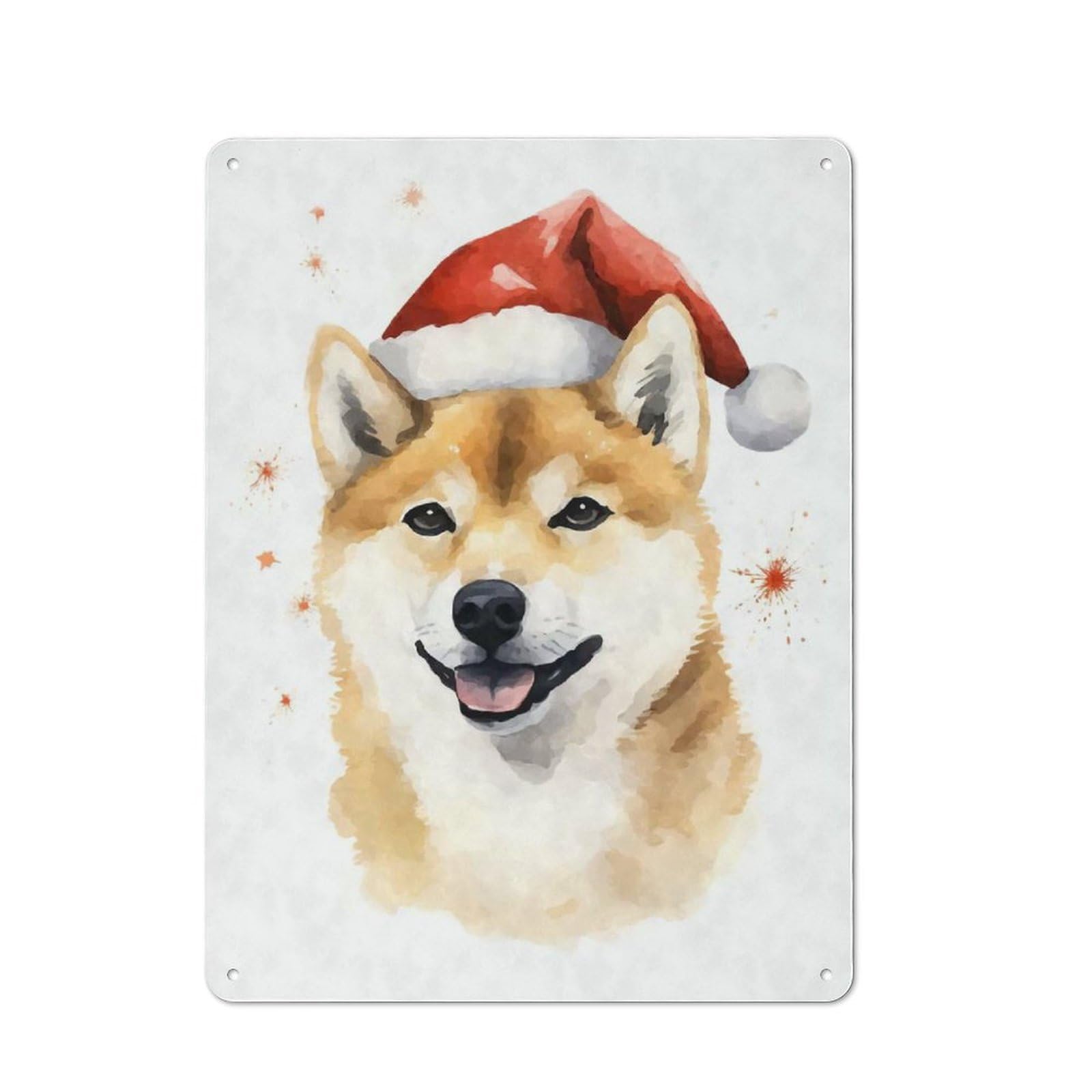 Junmoney Shiba Inu Santa Hat Xmas Bistro Style Cafe Metal Sign 40X30cm Featuring Restaurant Wall Art For Takeaway, Bar, Kitchen Or Counter Area