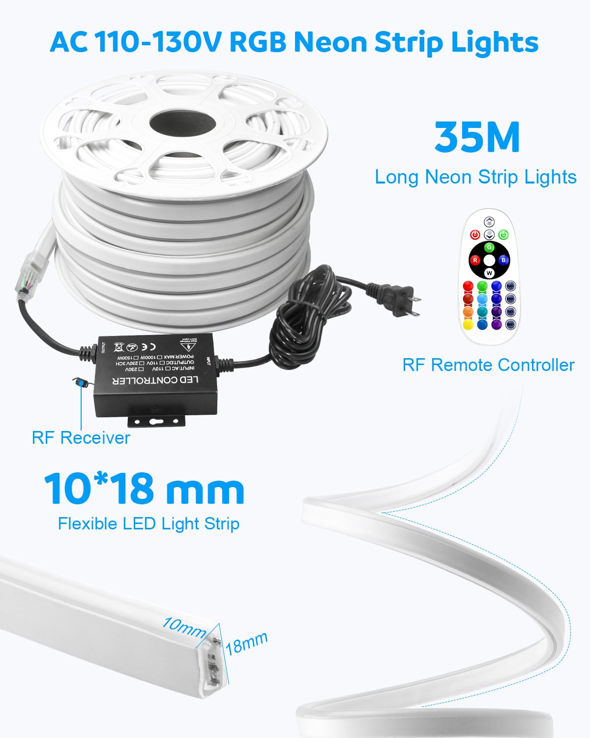 Aclorol 115FT RGB LED Neon Rope Light Outdoor LED Neon Light Strip Multi Color Music Sync Dimmable with Bluetooth APP Remote AC110-130V Flexible Strip Lights Waterproof for Home Building Decor 35M