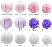 Vista 2 de KAXIXI Juego de decoraciones colgantes para fiestas, 15 unidades, flores de papel rosa, morado, blanco, pompones y faroles de papel para bodas, Dark