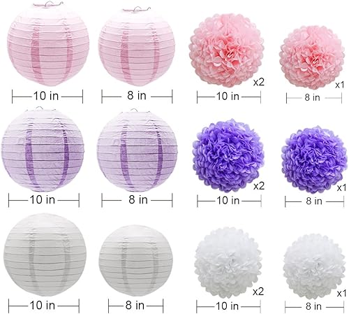 Miniatura 2 de KAXIXI Juego de decoraciones colgantes para fiestas, 15 unidades, flores de papel rosa, morado, blanco, pompones y faroles de papel para bodas, Dark