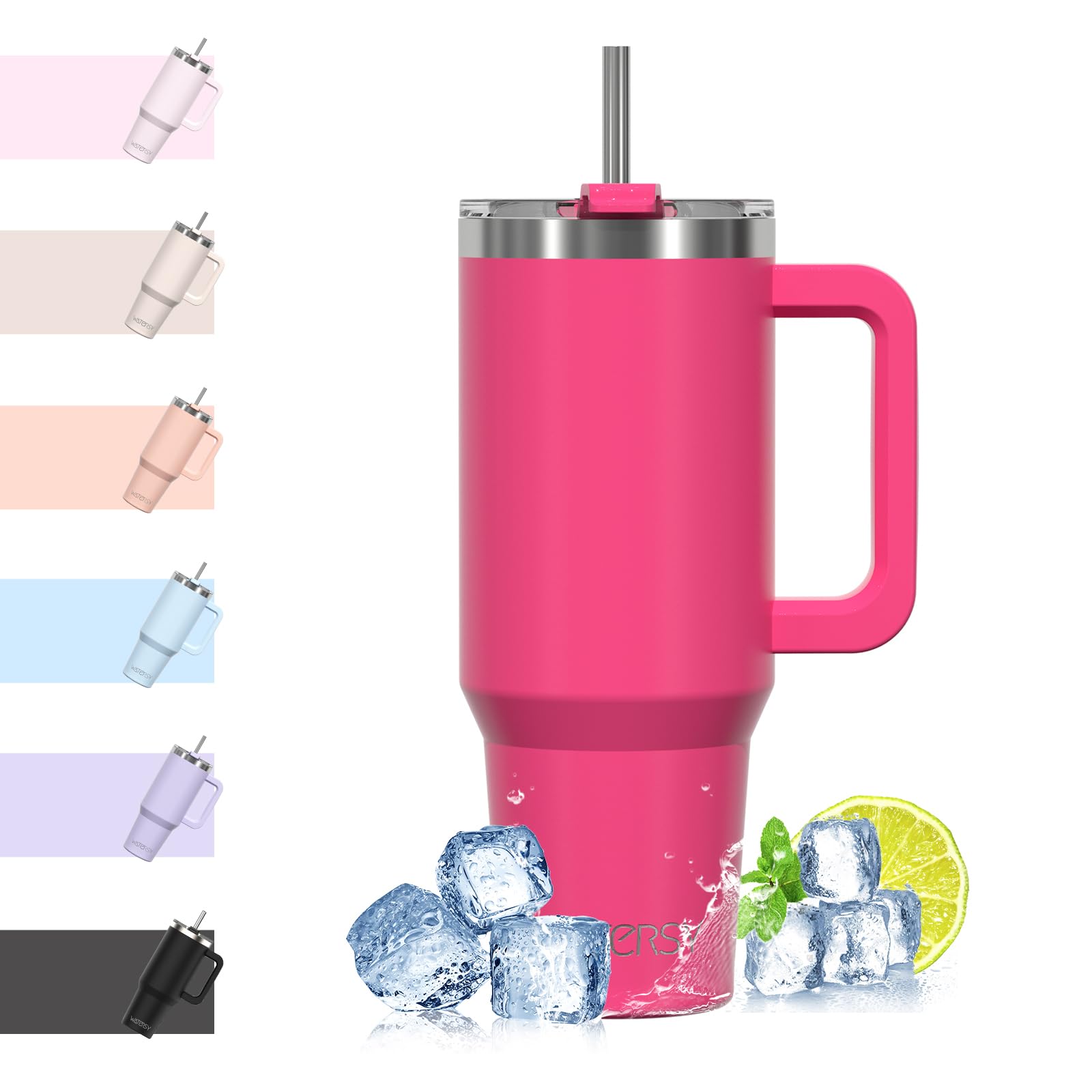 WATERSY 40oz Kaffeebecher to Go Thermobecher Doppelwandiger Edelstahl Vakuum Auslaufsicher Trinkbecher mit Griff und Strohhalm, Tragbare Autobecher Thermal Tumbler Dunkelrosa für Kalte Heiße Getränke
