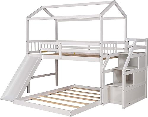 Miniatura 11 de P PURLOVE Litera de casa individual sobre individual con tobogán para niños, adolescentes, litera de madera tamaño individual con techo para sala de