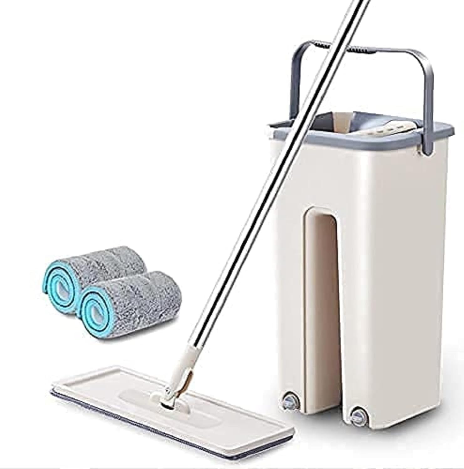 Heavy Quality Floor Mop with Bucket, Flexible Kitchen Tap Flat Squeeze Cleaning Supplies, 360° Flexible Quiet, 2 Reusable Pads, Microfiber, Adjustment Office (White)