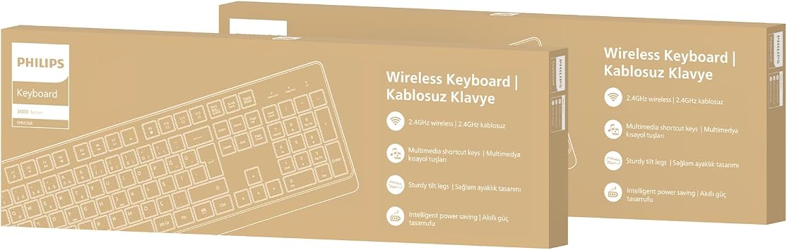 Philips SPK6368 Kablosuz Klavye - 105 Tuşlu Türkçe Q Klavye - 2.4GHz Sessiz ve Ergonomik Tasarım - 15 Metre Çekim Mesafesi - Siyah