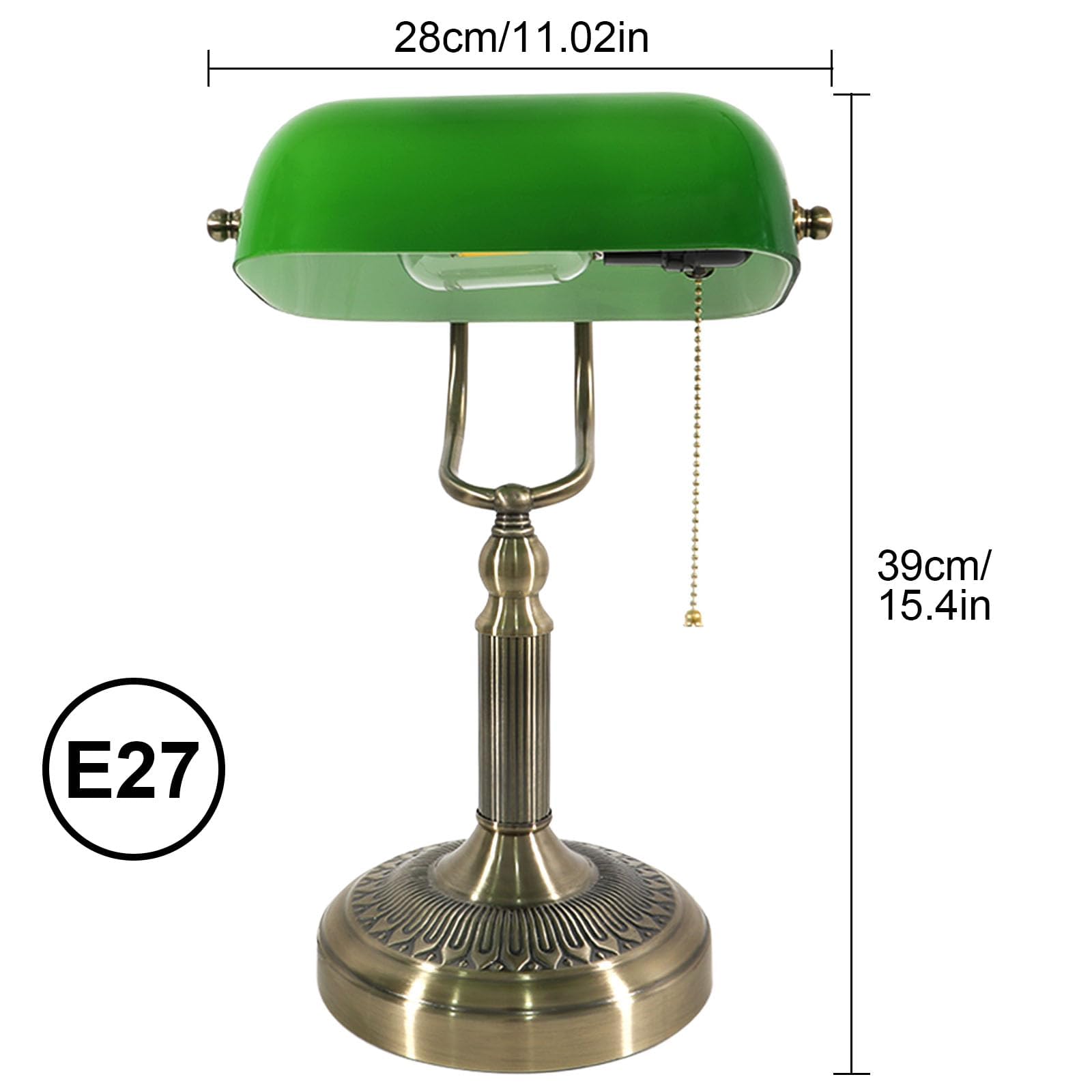 Grüne Banker-Tischlampe aus Glas – Klassische Retro-Tischlampe mit Stecker und Bronzesockel, Zugkettenschalter, geeignet für Büro, Bibliothek, Arbeitszimmer, Homeoffice, Schlafzimmer