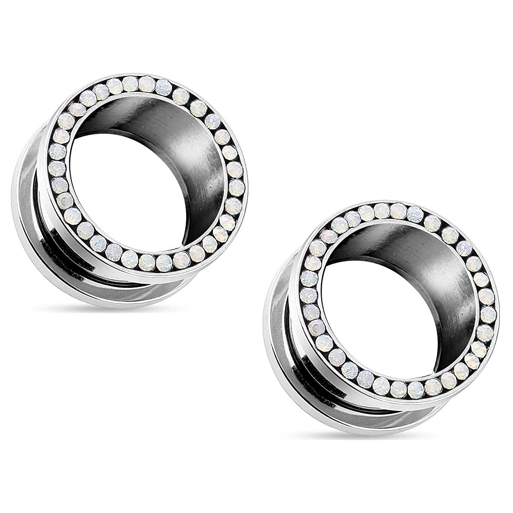 Pierced Owl 316L Stainless Steel White Opalite Paved Screw-Fit Tunnel Plugs, Sold as a Pair