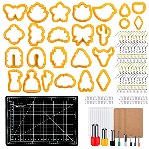 Yayatty Kit de 294 piezas de arcilla polimérica, 25 formas de cortadores de arcilla polimérica, cortadores de aretes de arcilla de plástico con accesorios para aretes, moldes de corte de patrón de