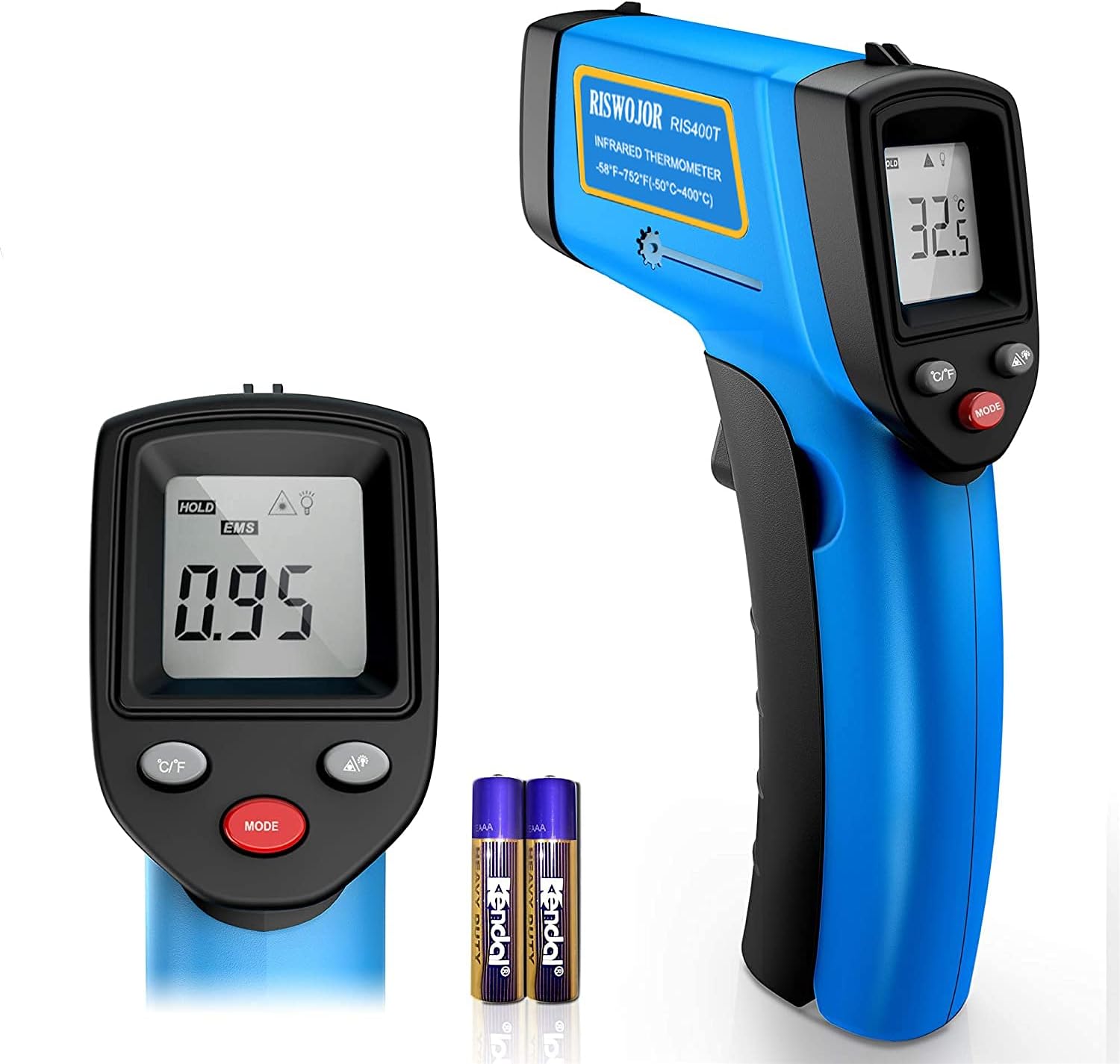 RISWOJOR Infrared Thermometer Cooking Digital Temperature Gun,Adjustable Emissivity &MAX/MIN/at/Cal Temp Gun; -58°F~752°F(-50°C~400°C) IR Laser Thermometer Gun for Industrial,Kitchen/Ovens/Grill