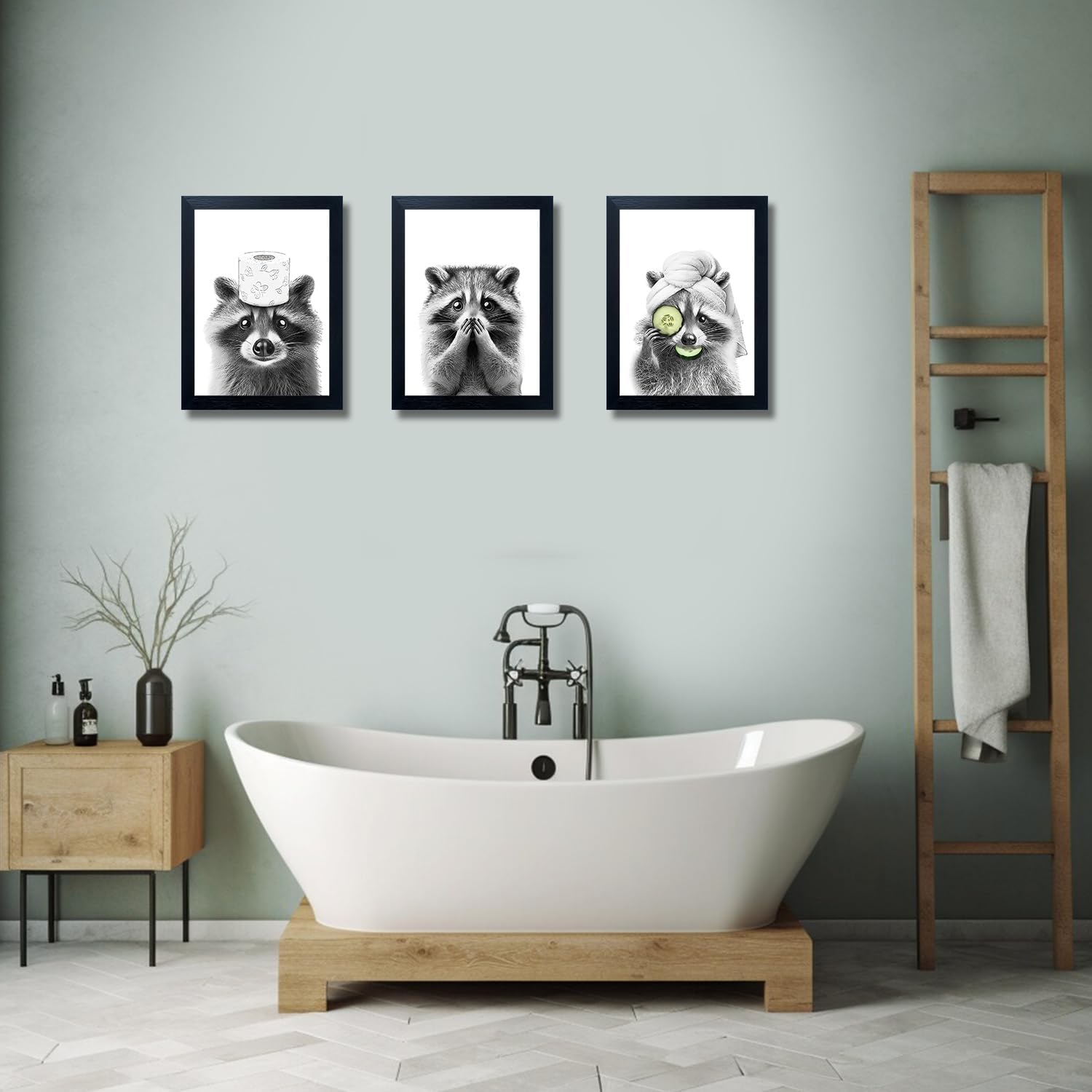 Framed Funny Bathroom Wall Art Raccoon Wall Decor 3pcs Black And White Animal Print Picture Cute Kids Bathroom Decor Toilet Paper Poster Raccoon Canvas Art