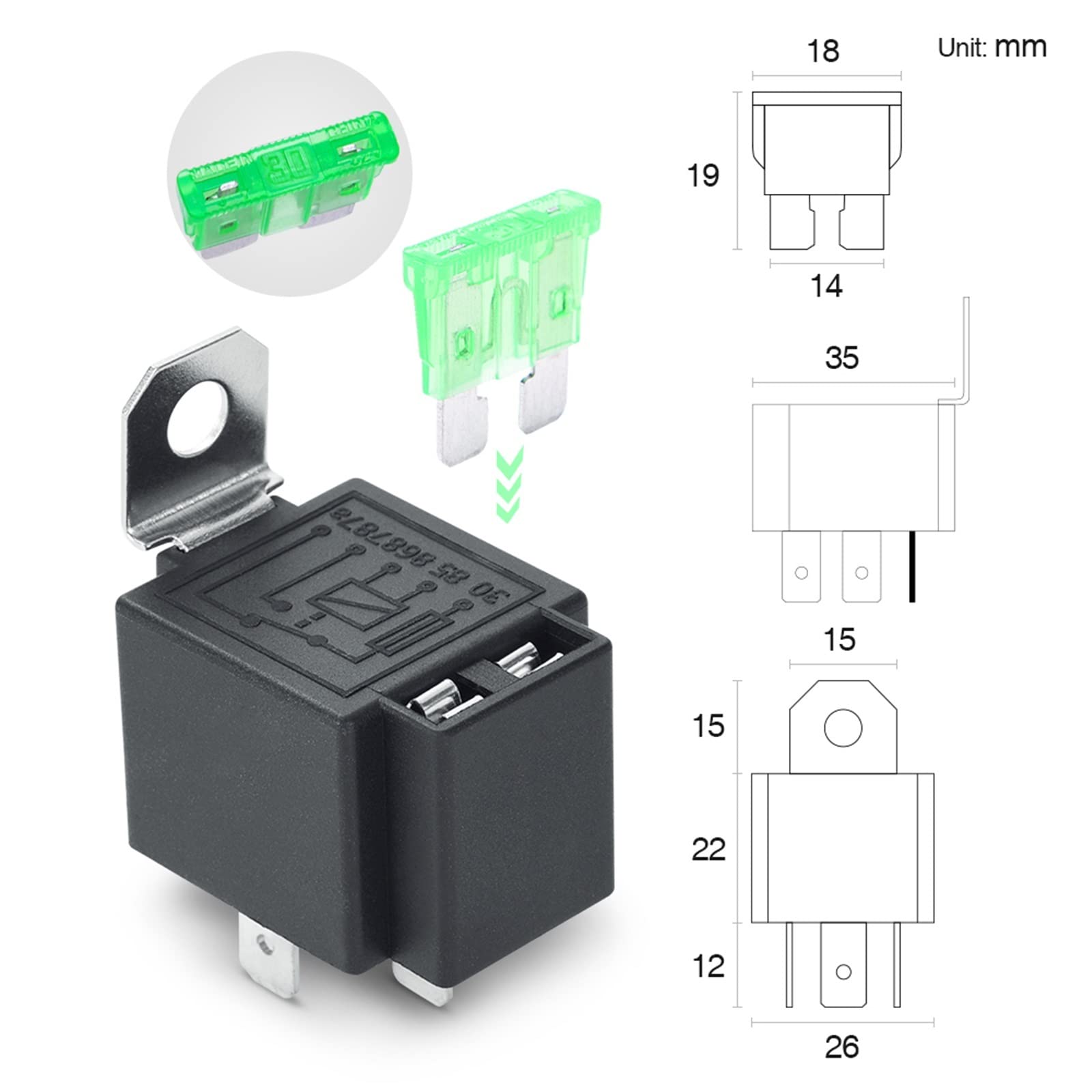 6 uds relés eléctricos automotrices SPST de 5 pines con cables de 14AWG juego de arnés de interruptor de relé de fusible de coche 30A ATO/ATC fusible de hoja Accesorios electrónicos