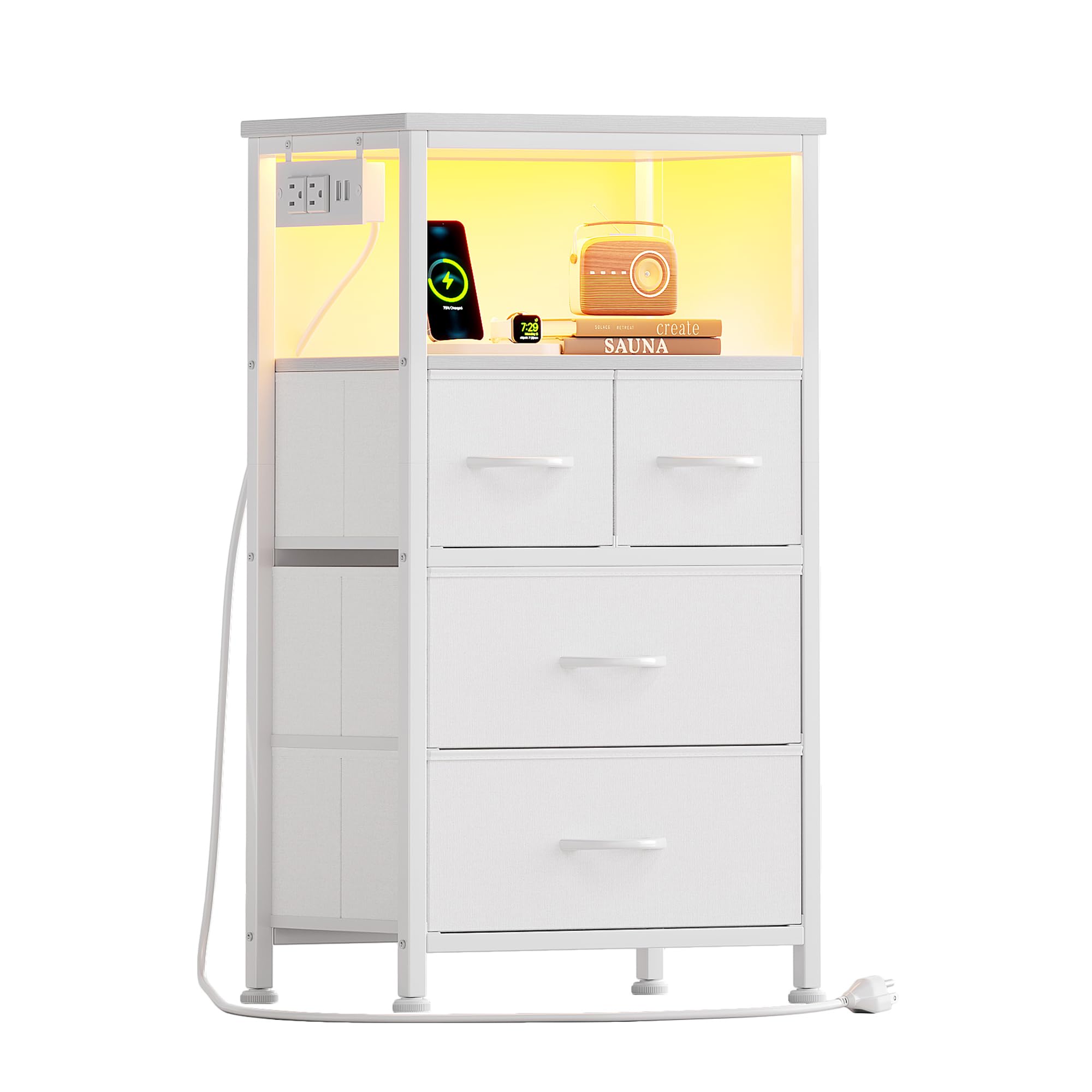 Flrrtenv Dresser for Bedroom, Night Stand with Charging Station, LED Nightstand with 4 Drawers, Tall Table de Chevet for Bedroom, Bedside Table with Storage Shelf for Living Room, White - 2