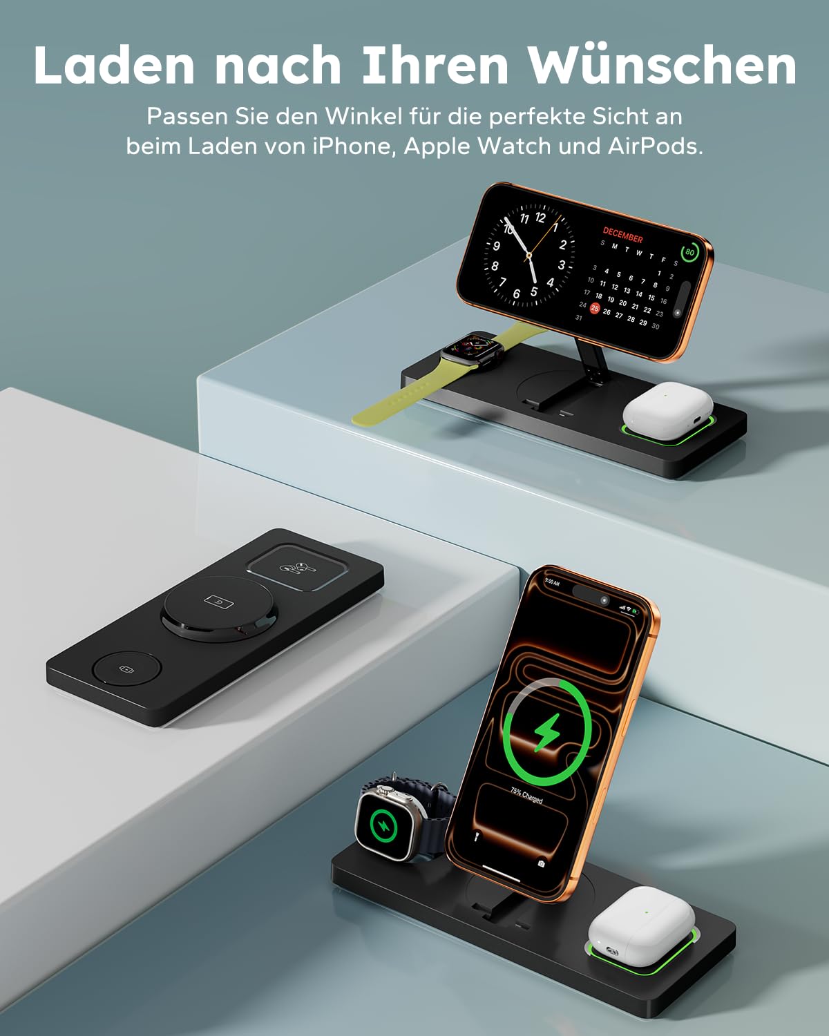 3 in 1 MagSafe Ladestation iPhone Apple Watch, Faltbar Induktive Ladestation Kompatibel mit MagSafe Ladegerät für iPhone 17/16/15/14/13/12, Apple Watch & AirPods (inkl. 20W Adapter) - Schwarz